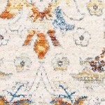 beige, muted blue, orange, rust, medium gray