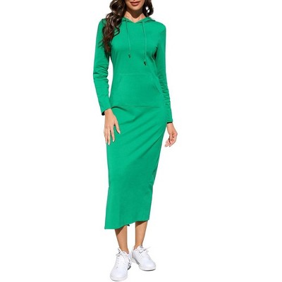 Womens Maxi Hooded Sweatshirt Dress with Front Pocket Long Sleeve Slit Sweatshirts Dress Drawsting Hoodie Comfy Sheath Dress,Green - L
