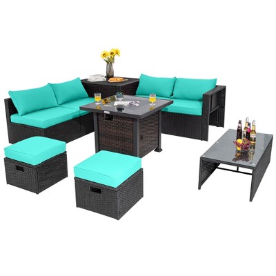 Tangkula 9PCS Furniture Set w/ 32" Fire Pit Table 50,000 BTU Square Propane Fire Pit Patio Turquoise