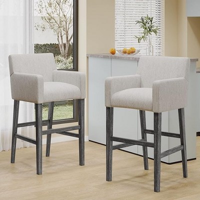 Fabric Upholstered 30.5" Bar Stools, Set of 2 with Armrests, Rubberwood Frame and H-Base for Kitchen, Dining or Home Bar