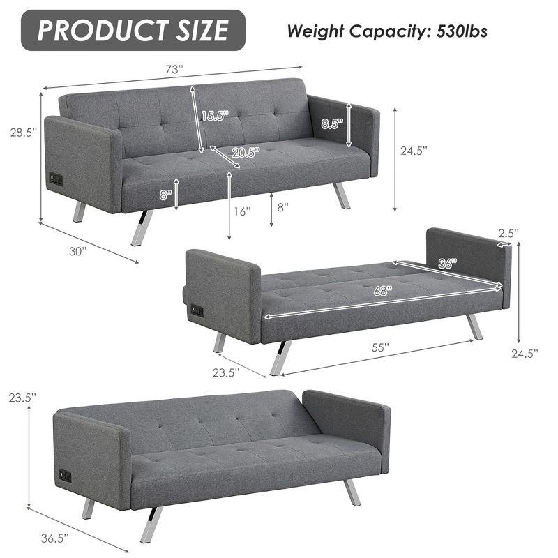 Costway Convertible Futon Sofa Bed Folding Recliner w/USB Ports&Power Strip Grey\Blue, 3 of 11