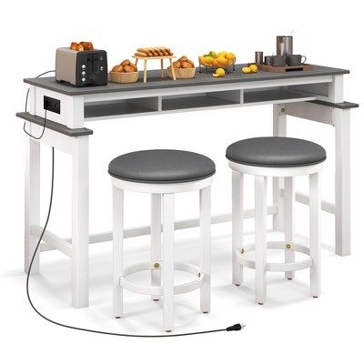 Tangkula 3-Piece Home Bar Set Counter Height Bar Table w/ 2 Upholstered Bar Stools White & Grey