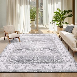 Washable Vintage Rug Non Slip Low Pile Rug Soft Throw Floor Cover Floral Foldable Indoor Carpet for Living Room Bedroom Playroom Nursery - 1 of 4