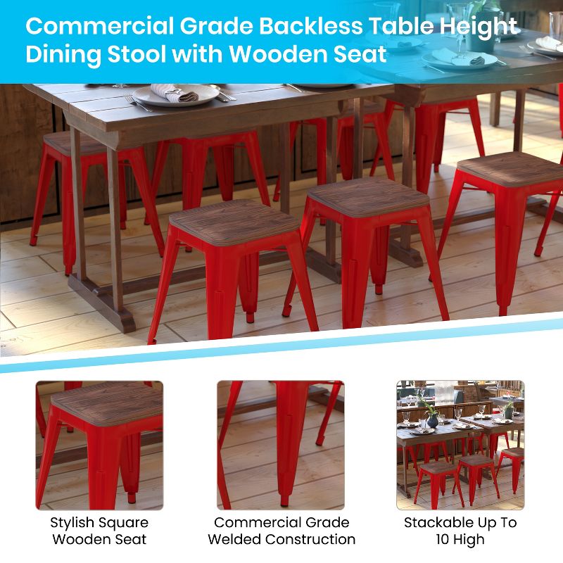 Emma and Oliver Set of Four Table Height Backless Stacking Welded Iron Stools with Wooden Seats and Under Seat Bracing for Indoor Use, 4 of 10