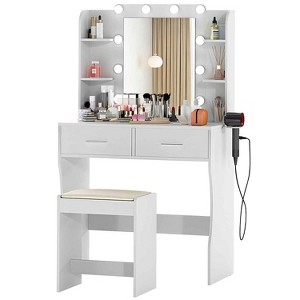 FDW Vanity Desk Makeup Vanity With Large Mirror And 3 Color Light Options Dressing Table Set With Adjustable Power Strip hair dryer holder 2 Drawers - 1 of 4