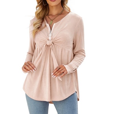 Women's Long Sleeve Front Knot Tops V Neck Ruffle Hem Casual Shirt Zip Up Flowy Blouses
