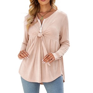 Women's Long Sleeve Front Knot Tops V Neck Ruffle Hem Casual Shirt Zip Up Flowy Blouses - 1 of 4