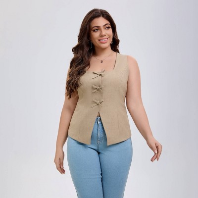 Women's Square Neck Sleeveless Front Bow Tie Closure Vest Top - A New Day™ Khaki XS