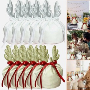 Christmas Reindeer Gift Bags, 5-Pack Drawstring Treat Bags w/2 Elk Designs, Reusable Holiday Goody Bags for Candy & Party Favors, Xmas Party Supplies - 1 of 4
