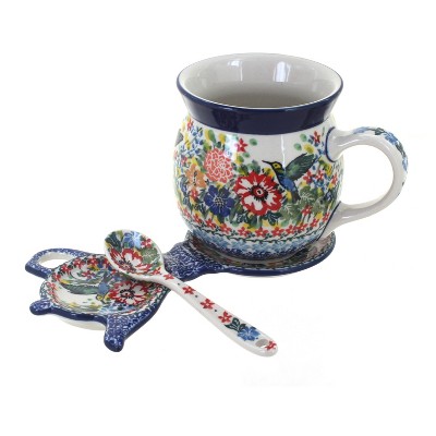 Blue Rose Polish Pottery Hummingbird Mug & Sacuer Gift Set