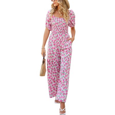 Women's Summer Smocked Jumpsuits Casual Square Neck Short Sleeve High Waist Wide Leg Rompers with Pockets