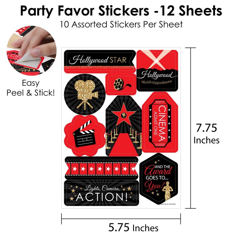 Big Dot of Happiness Red Carpet Hollywood - Movie Night Party Favor Sticker Set - 12 Sheets - 120 Stickers, 3 of 7