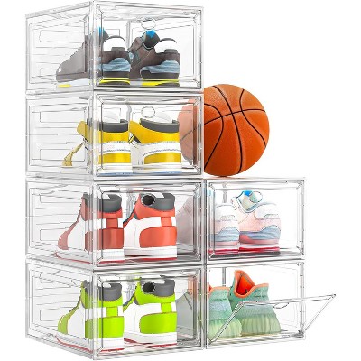 Attop 6 Pack Thicken Sturdy Clear Shoe Storage Boxes–Magnetic Door, Stackable Foldable Space-Saving Organizer for Sneaker/Boot, Durable Plastic White