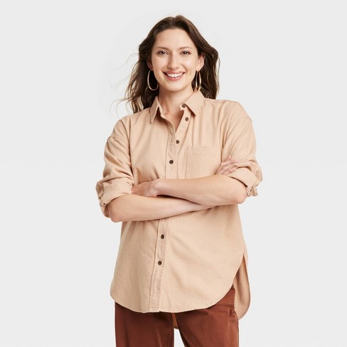 Women's Long Sleeve Flannel Button-Down Shirt - Universal Thread™ Tan XS