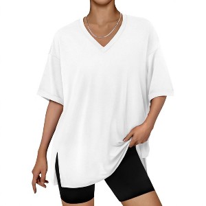 Women's Summer Casual Short Sleeve T-Shirt Solid Color V-Neck Side Slit Pullover Top Loose Fit Blouse - 1 of 4