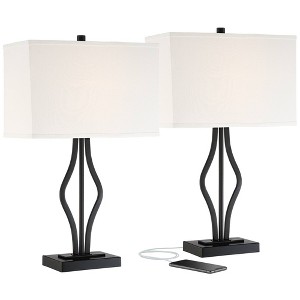 360 Lighting Ally Modern Table Lamps 26 1/2" High Set of 2 Black Metal with USB Charging Port Rectangular Fabric Shade for Bedroom Living Room Desk - 1 of 4