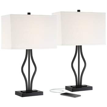 360 Lighting Ally Modern Table Lamps 26 1/2" High Set of 2 Black Metal with USB Charging Port Rectangular Fabric Shade for Bedroom Living Room Desk