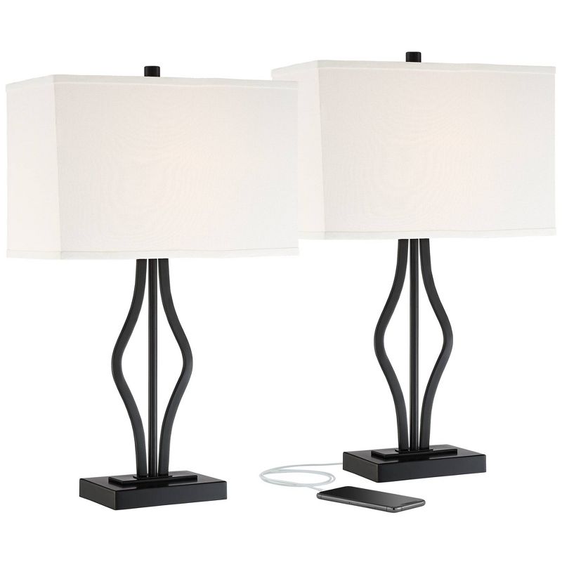 360 Lighting Ally Modern Table Lamps 26 1/2" High Set of 2 Black Metal with USB Charging Port Rectangular Fabric Shade for Bedroom Living Room Desk, 1 of 10