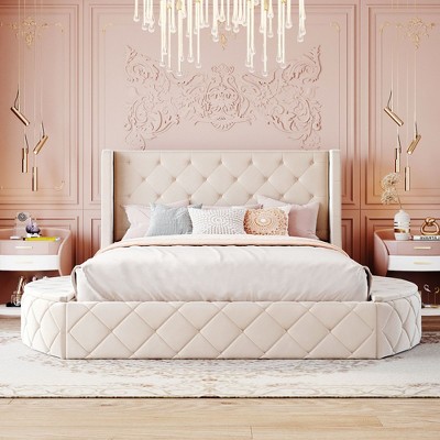 Sapphtopaz Velvet Queen Size Bed Frame with Wingback Headboard Upholstered Platform Bed Frame with Big Drawer & Side Storage Stools for Bedroom