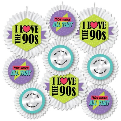 Big Dot of Happiness 90's Throwback - Hanging 1990s Party Tissue Decoration Kit - Paper Fans - Set of 9