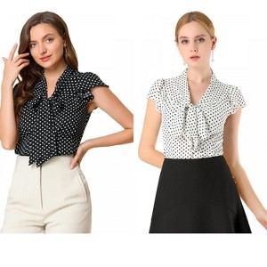 INSPIRE CHIC Women's Polka Dots Tie V Neck Flutter Cap Sleeve Blouse 2 Packs - 1 of 4