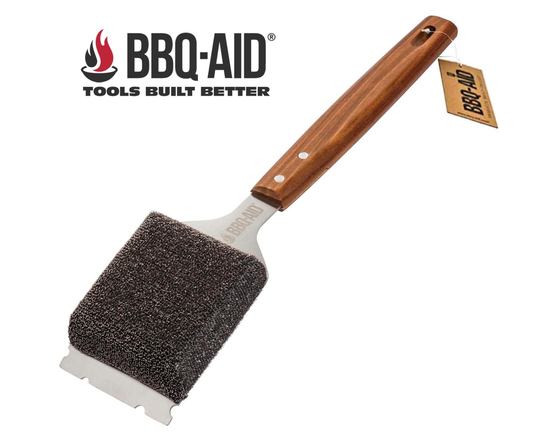 BBQ-AID Bristle Free Grill Brush and Scraper for Barbecue - Large Wooden Handle and Replaceable Head