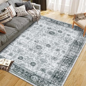 Area Rug Washable Printed Vintage Floral Non Slip Low Pile Rugs Soft Rubber Backed - 1 of 4