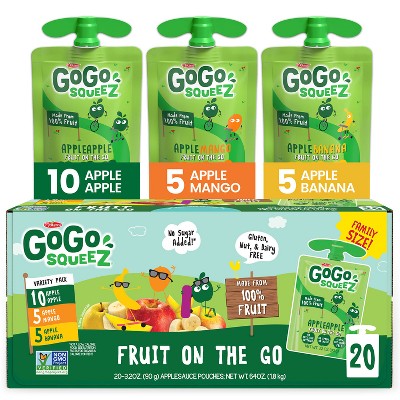 GoGo squeeZ Applesauce and Fruit Puree Variety Pack, Apple, Mango & Banana - 3.2oz/20ct
