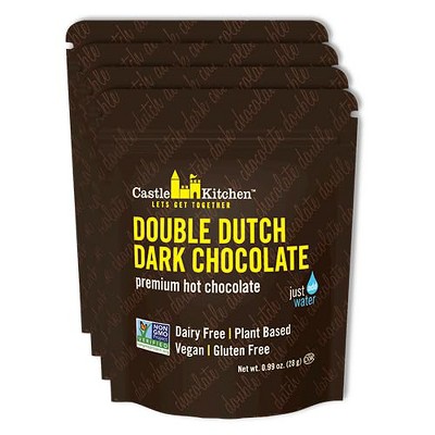 Castle Kitchen Hot Chocolate Sachets (4 Count) - Single Serve On The Go Hot Cocoa - Just Add Water - Dairy Free, Vegan 1oz - With Real Dark Chocolate