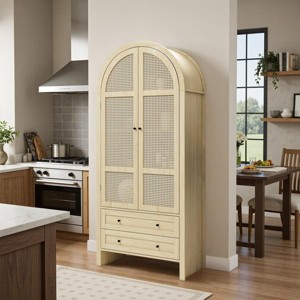 70" Natural Arched Rattan Armoire Wardrobe Cabinet with Drawers and Adjustable Shelves, Tall Bedroom Storage Organizer with Rattan Doors - Panipeachy - 1 of 4