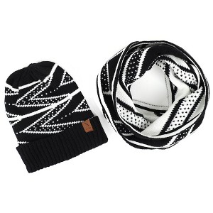 Women's Black Color 100% Acrylic Reversible Chevron Hat And Infinity Scarf Set - 1 of 4