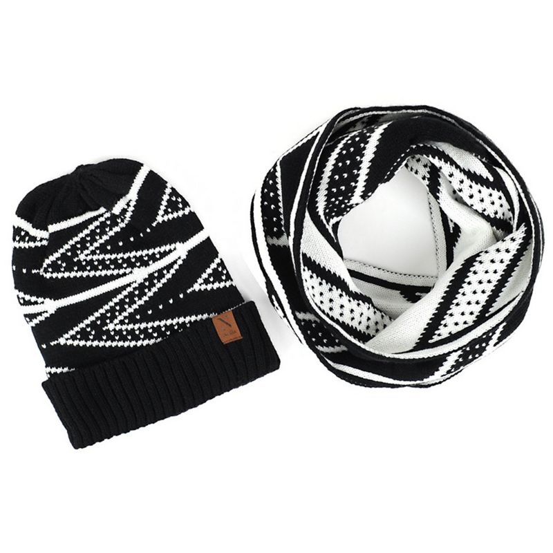 Women's Black Color 100% Acrylic Reversible Chevron Hat And Infinity Scarf Set, 1 of 5