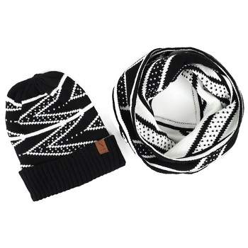 Women's Black Color 100% Acrylic Reversible Chevron Hat And Infinity Scarf Set