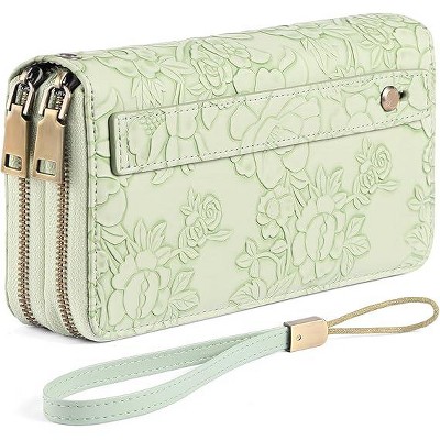 BEAFUP Carved Double Zip Wallet for Women,with 4 Full-length Cash Compartments RFID Blocking PU Leather Wristlet Purse Large Capacity Credit