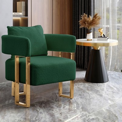 TOAOTBNBO Modern Decorative Accent Chair with Rebound Cushion, Teddy Fabric Upholstered Armchair with Gold Metal Legs Sofa Chair for Office, Green
