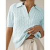 Women's Cable Short Sleeve Sweaters Tops Solid Lapel V Neck Cable Knit Casual Soft Pullover Shirt - 2 of 4