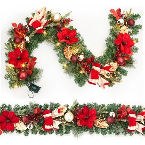 6 ft Pre-Lit Christmas Garland with Lights, Pink Ribbon Bows, Ball Ornaments, Pine Cones, Roses - 1 of 4