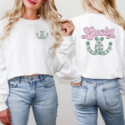 Simply Sage Market Women's Graphic Sweatshirt Lucky Horseshoes Front and Back