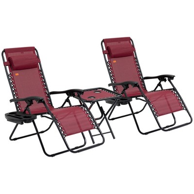 Outsunny 3-Piece Outdoor Chaise Lounger Chair Set, Folding Reclining Zero Gravity Chair with Side Table, Cup Holder and Headrest for Patio, Yard, Beach, Pool, Wine Red