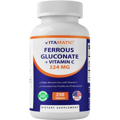 Ferrous Gluconate 324 mg + Vitamin C 100 mg (65 mg Elemental Iron) – 250 Coated Tablets, Made in USA