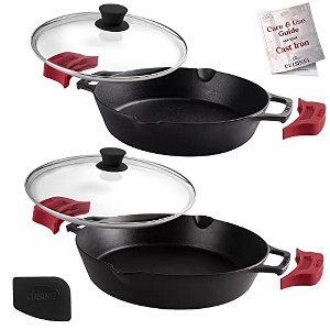 Cast Iron Skillet Set - 10" + 12"-Inch Dual Handle Frying Pans + Glass Lids + Silicone Handle Covers - Pre-Seasoned Oven Safe Cookware. - 1 of 4