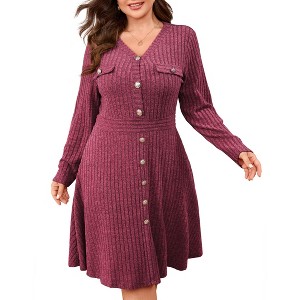 BLUEMING Women's Plus Size Long Sleeve Midi Dress 2025 Striped Fall Sweater Button A Line Ribbed Knit Dresses - 1 of 4