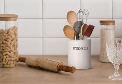 Cream Speckled Ceramic Utensil Crock Holder, 6 Inches