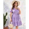 Women Plus Size V Neck Wrap Dress High Waist Short Sleeve Ruffle Casual Summer Midi Dress with Belt,purple flower,4XL - 3 of 4