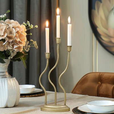Gold Metal 3-Taper Candle Holder with Twisted Base