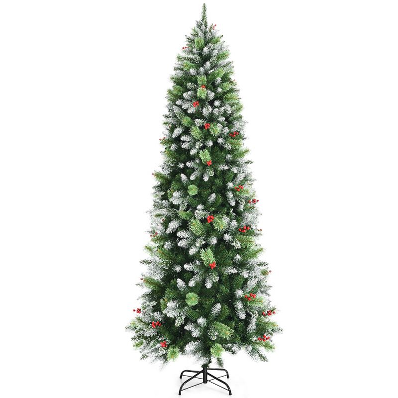 Costway 5ft\6ft\7.5ft Unlit Snowy Hinged Artificial Christmas Pencil Tree w/ Red Berries, 1 of 11