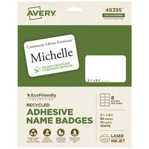 Avery EcoFriendly Recycled Name Tags, 2-1/3" x 3-3/8", White, Removable Adhesive, 80 Printable Name Badges (48395) - 1 of 4