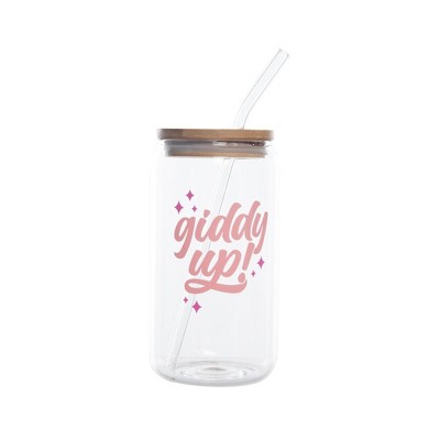 Totalee Gift Giddy Up! Glass Cup w/ Lid and Straw Glass Clear 16 oz