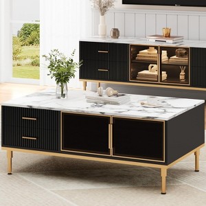 Coffee Table Living Room Table with 4 Drawers, Modern Faux Marble Design, Wooden Center Table with Glass Doors, Adjustable Metal Legs - 1 of 4
