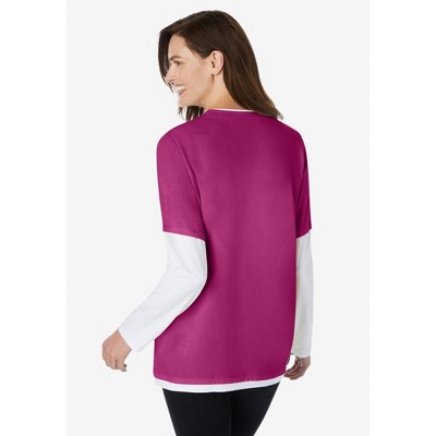 Plus Size Raspberry Cotton Jersey Long Sleeve Layered-Look Tee